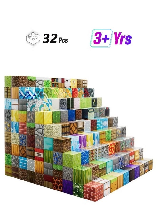 32 PCS Magnetic Blocks-Build Mine Magnet World Set for Boys & Girls Age 3+ STEM Sensory Toys for Toddlers Gifts for 3+ Years Kids,1" Magnet Cubes Classroom Must Haves Construction Toys - Image 1