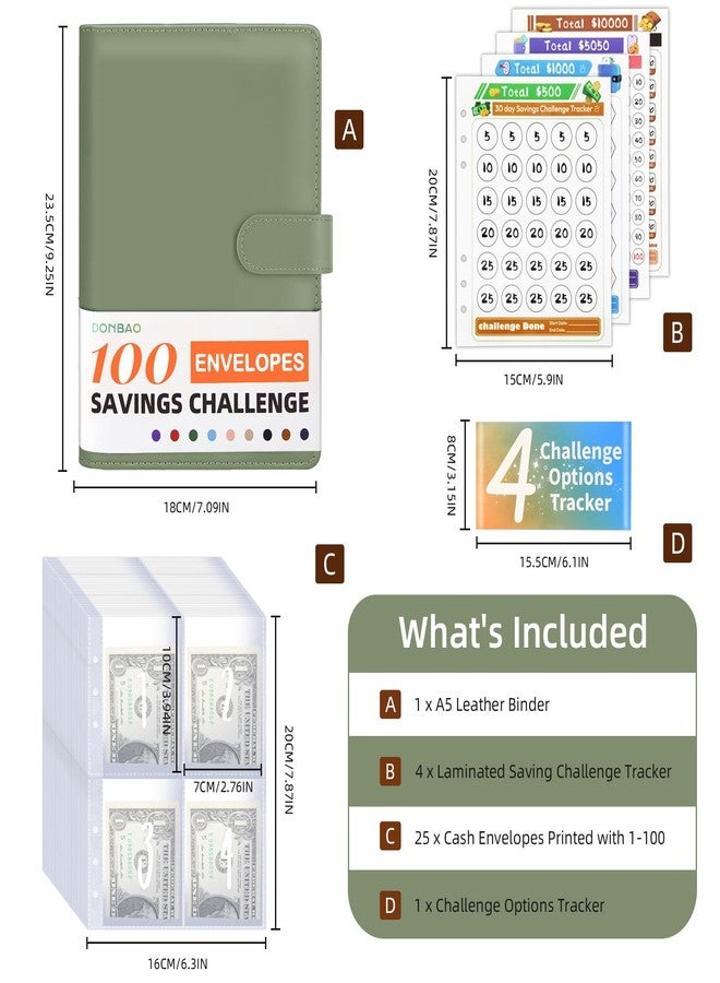 DONBAO 100 Envelopes Money Saving Challenge Binder, A5 Budget Binder with Envelopes and Challenge Tracker, 2024 New Savings Challenges Planner Book to Save $500, $1000, $5050, $10000 (Olive Green) - Image 3