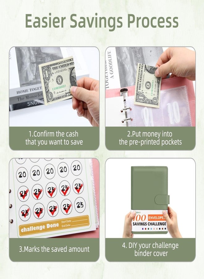 DONBAO 100 Envelopes Money Saving Challenge Binder, A5 Budget Binder with Envelopes and Challenge Tracker, 2024 New Savings Challenges Planner Book to Save $500, $1000, $5050, $10000 (Olive Green) - Image 5