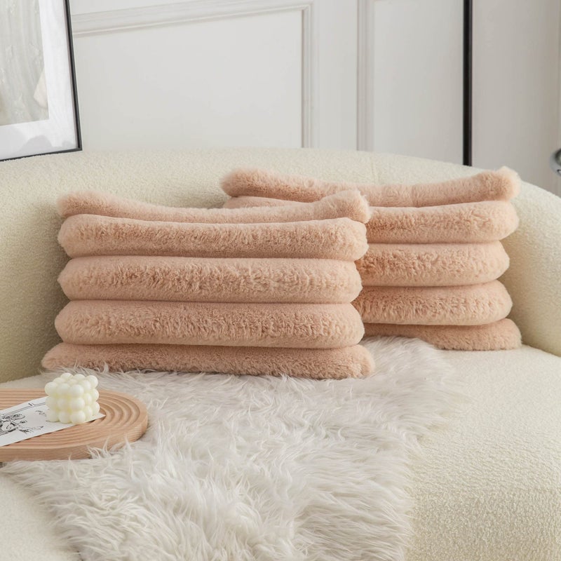 Neelvin Camel Faux Fur Cozy Soft Striped Decorative Throw Pillow Covers 12x20 inch Set of 2 Velvet Pillowcase Cushion Case for Sofa Couch - Image 1