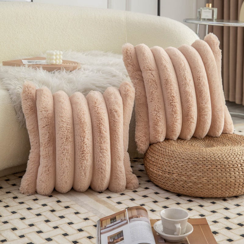 Neelvin Camel Faux Fur Cozy Soft Striped Decorative Throw Pillow Covers 12x20 inch Set of 2 Velvet Pillowcase Cushion Case for Sofa Couch - Image 3