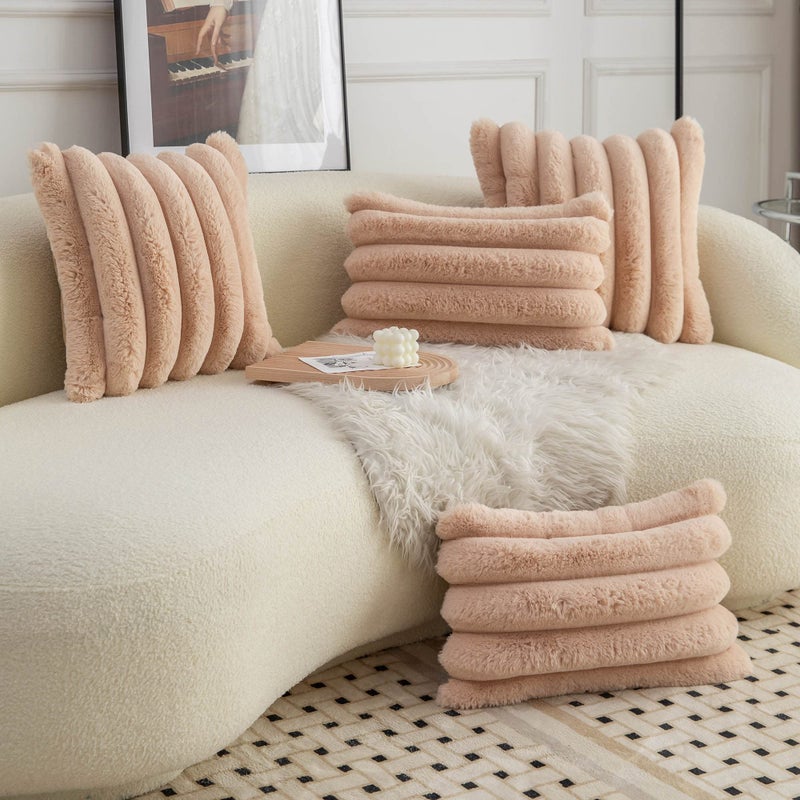 Neelvin Camel Faux Fur Cozy Soft Striped Decorative Throw Pillow Covers 12x20 inch Set of 2 Velvet Pillowcase Cushion Case for Sofa Couch - Image 4