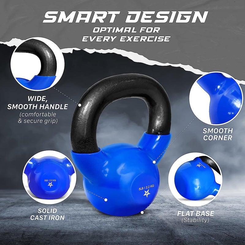 Yes4All Kettlebell, 5 lb Vinyl Coated Cast Iron Strength Training Kettlebells for Home Gym Exercises, Heavy Weights Gym, Fitness, Full Body Workout Equipment, Push up, Grip, Strength Training - Blue - Image 3
