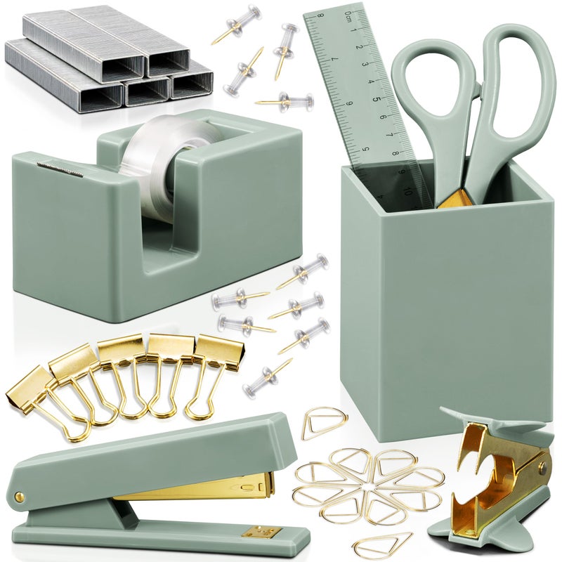 KIBAGA Aesthetic Desk Accessories Set - A Complete Desktop Organizer Set For Women Enhances Any Office Decor - An Office Supplies Kit w Gold Finish incl. Pen Holder, Scissors, Stapler, Tape Dispenser & More - Image 1