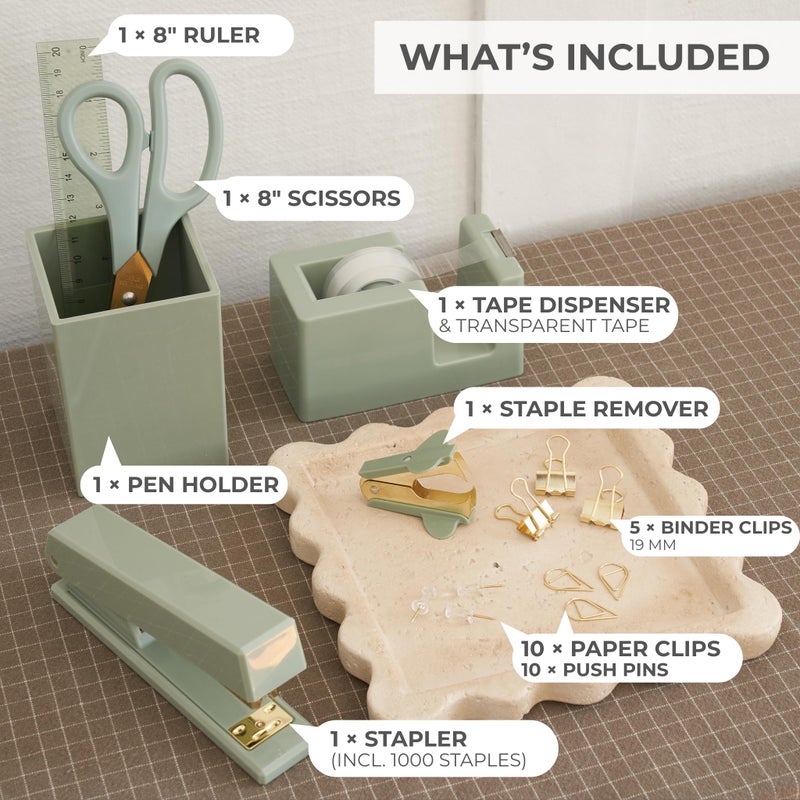 KIBAGA Aesthetic Desk Accessories Set - A Complete Desktop Organizer Set For Women Enhances Any Office Decor - An Office Supplies Kit w Gold Finish incl. Pen Holder, Scissors, Stapler, Tape Dispenser & More - Image 4