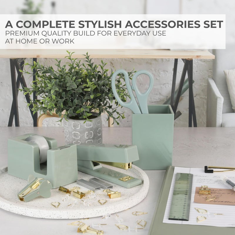 KIBAGA Aesthetic Desk Accessories Set - A Complete Desktop Organizer Set For Women Enhances Any Office Decor - An Office Supplies Kit w Gold Finish incl. Pen Holder, Scissors, Stapler, Tape Dispenser & More - Image 3