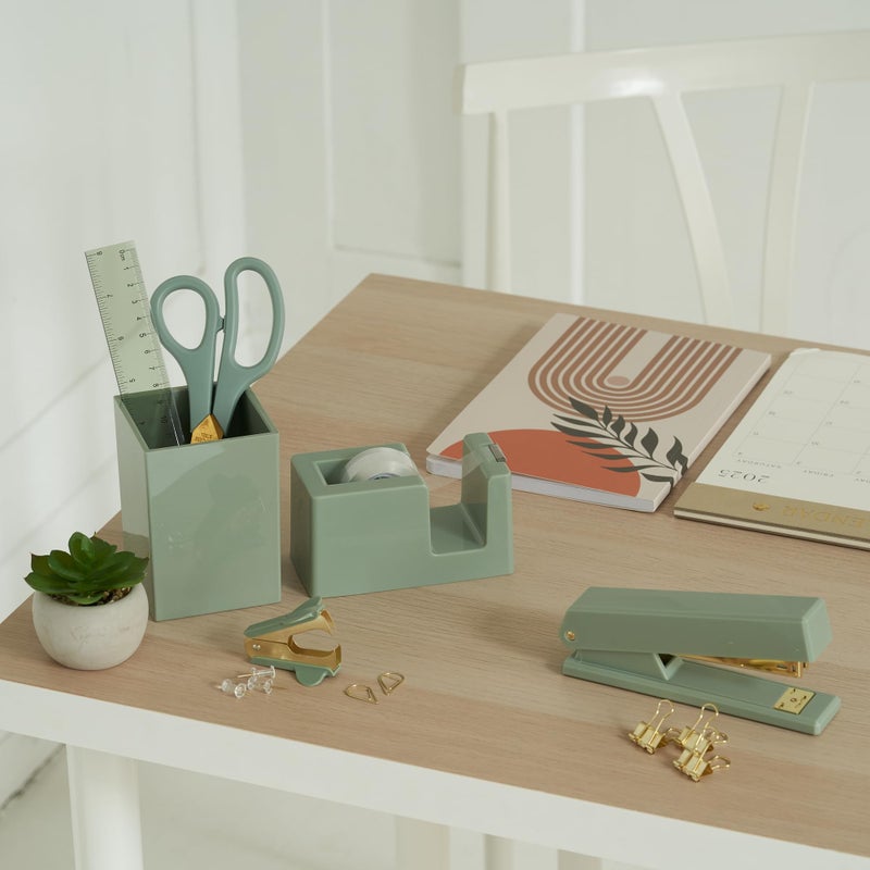 KIBAGA Aesthetic Desk Accessories Set - A Complete Desktop Organizer Set For Women Enhances Any Office Decor - An Office Supplies Kit w Gold Finish incl. Pen Holder, Scissors, Stapler, Tape Dispenser & More - Image 2