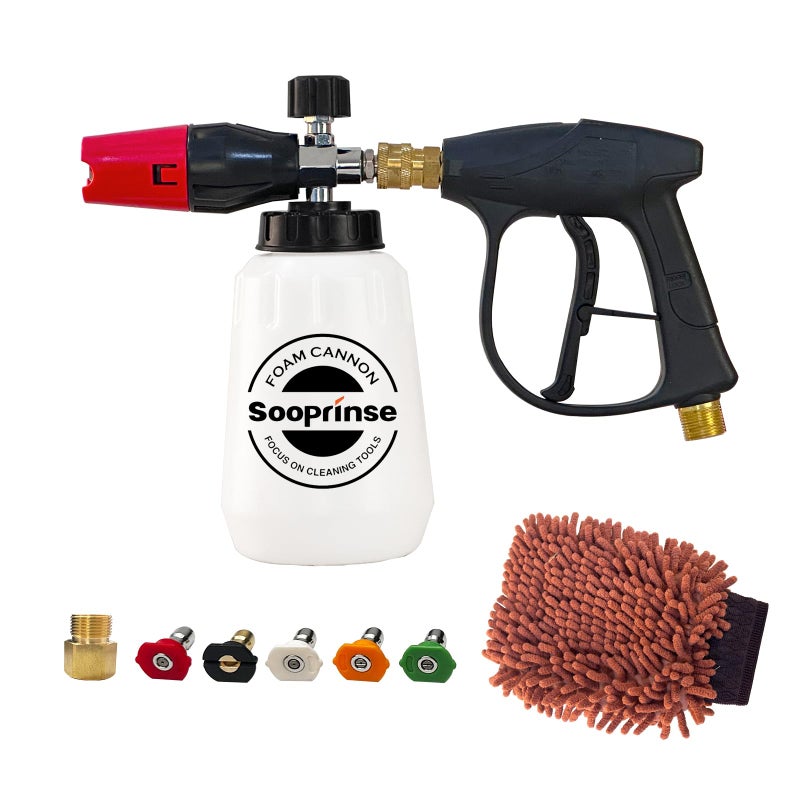 Sooprinse Foam Cannon Kit with Pressure Washer Short Gun, 1 L Snow Foam Lance with 1/4 Inch Quick Connector, Foam Blaster with Pressure Washer Gun,4000 PSI, Black - Image 1