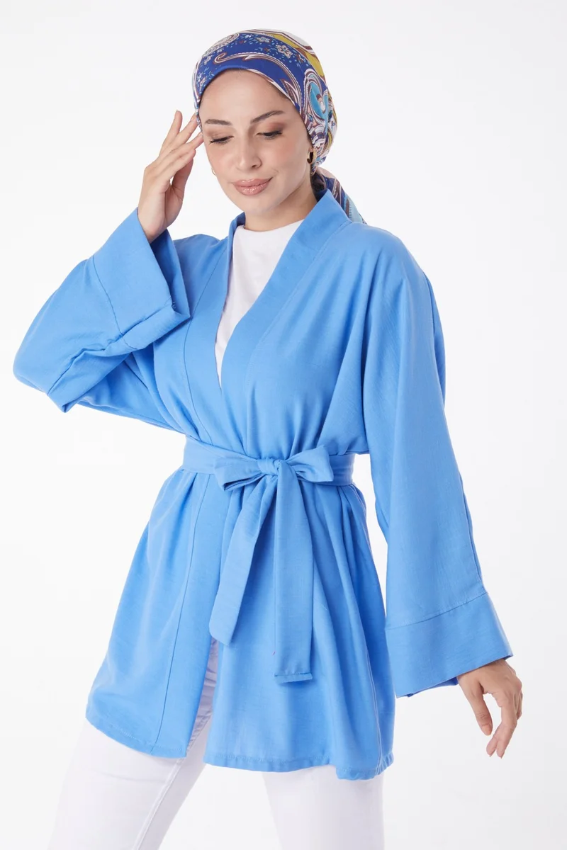 Tofisa Plain Medium Women's Blue Belted Kimono - 26129