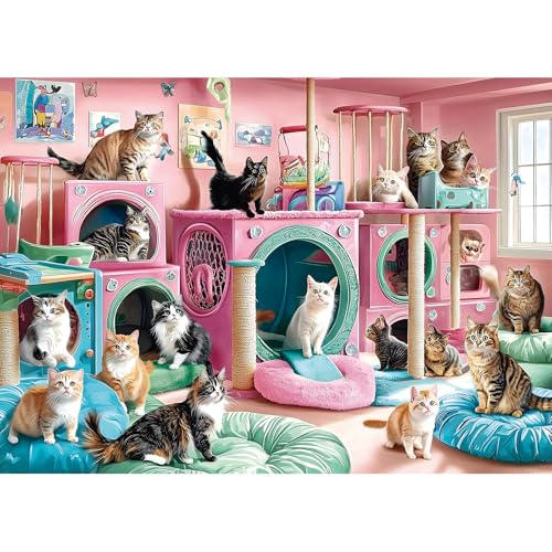 MINIWAN Cat Paradise 1000 Piece Puzzle for Adults Playful Kittys in Pink Playroom Jigsaw Puzzle Vibrant Colorful Cat Play Area Family Challenging Fun Animal Puzzle Gift for Adult Game Night - Image 1