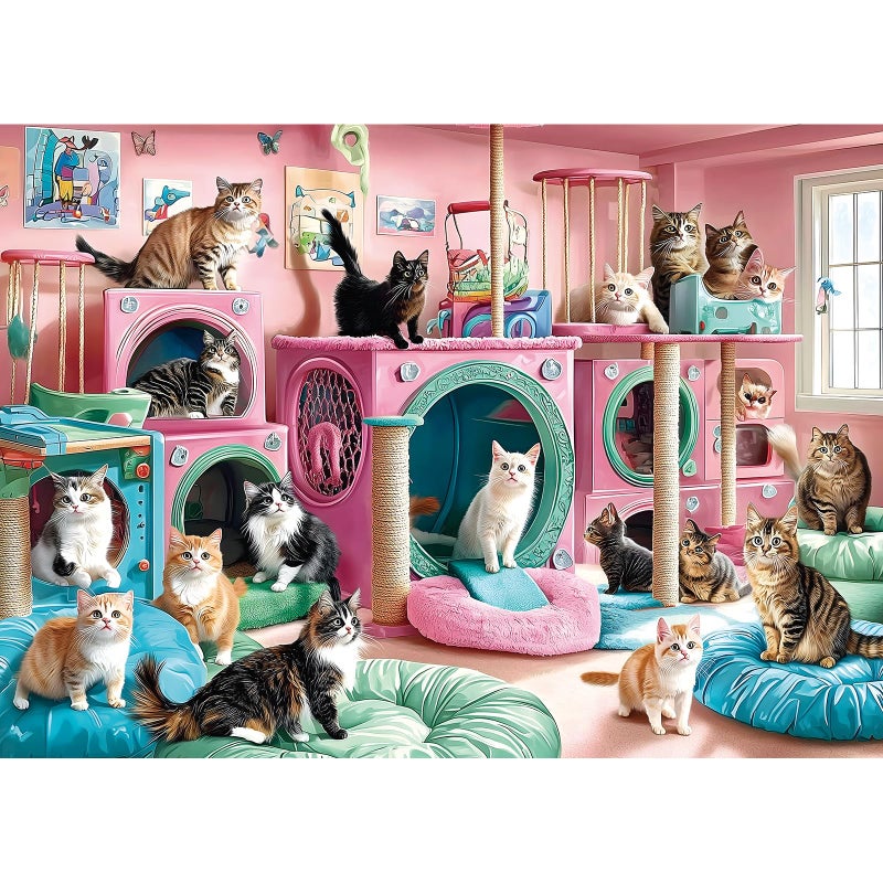 MINIWAN Cat Paradise 1000 Piece Puzzle for Adults Playful Kittys in Pink Playroom Jigsaw Puzzle Vibrant Colorful Cat Play Area Family Challenging Fun Animal Puzzle Gift for Adult Game Night - Image 3