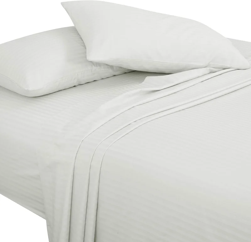 Bliss Casa Bliss Casa 3 Pieces 1cm Stripe Bed Sheets Queen (155x200+30 cm) - Soft Satin Sheet Set with Pillowcases - Deep Pocket, Hotel Collection, Luxury Bedding Set include 1 fitted Sheet, 2 Pillowcases -White