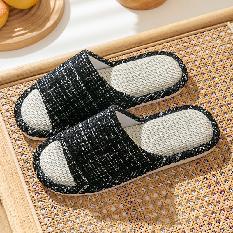Household Home Non-Slip Soft Bottom Four Seasons Linen Slippers Mens Home Indoor Cotton and Linen Cloth Slippers Womens Summer Outer Wear Black (small fragrant)