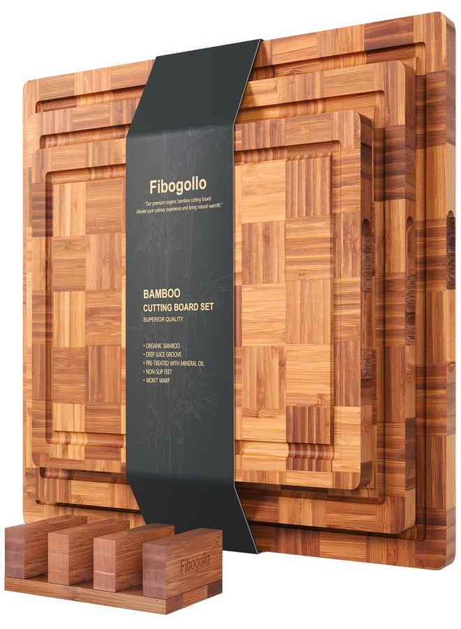 Fibogollo Bamboo Cutting Boards for Kitchen(Set of 3),Chopping Boards with Juice Groove,End Grain Serving Board with Holder,Bamboo Butcher Block for Meat,Vegetables,Fruit - Image 1