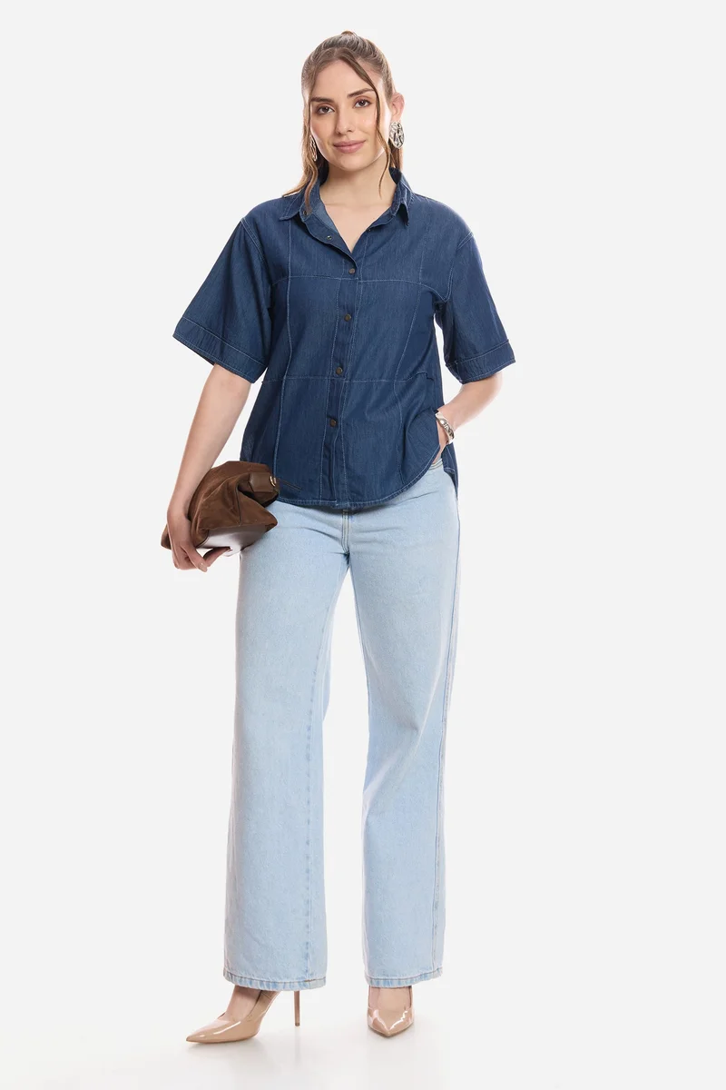 فيرجيو Solid Cotton Pintuck Detail Denim Shirt for Women