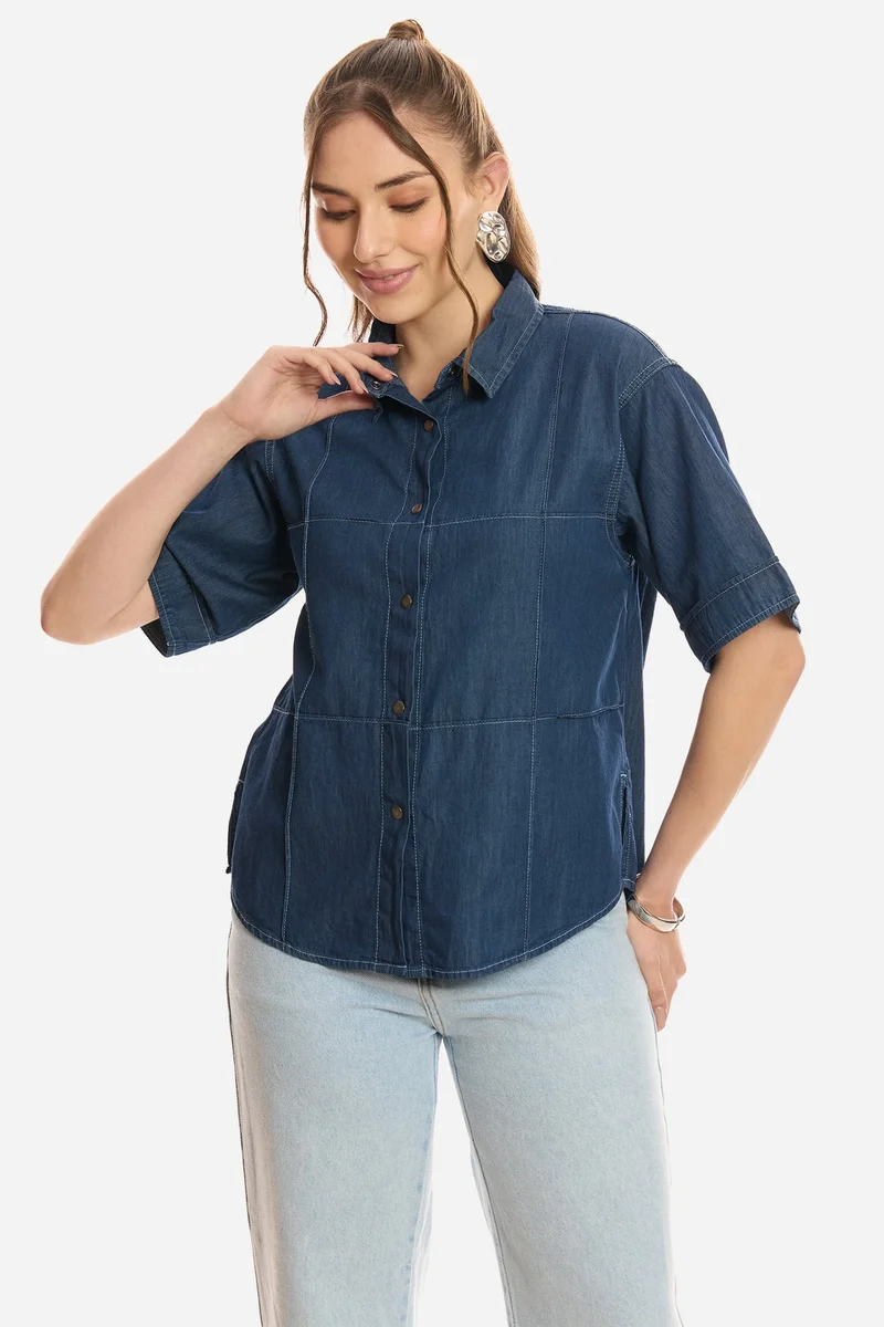 Virgio Solid Cotton Pintuck Detail Denim Shirt for Women