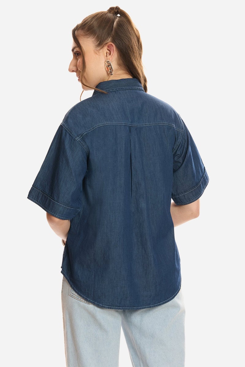 Virgio Solid Cotton Pintuck Detail Denim Shirt for Women - Image 5