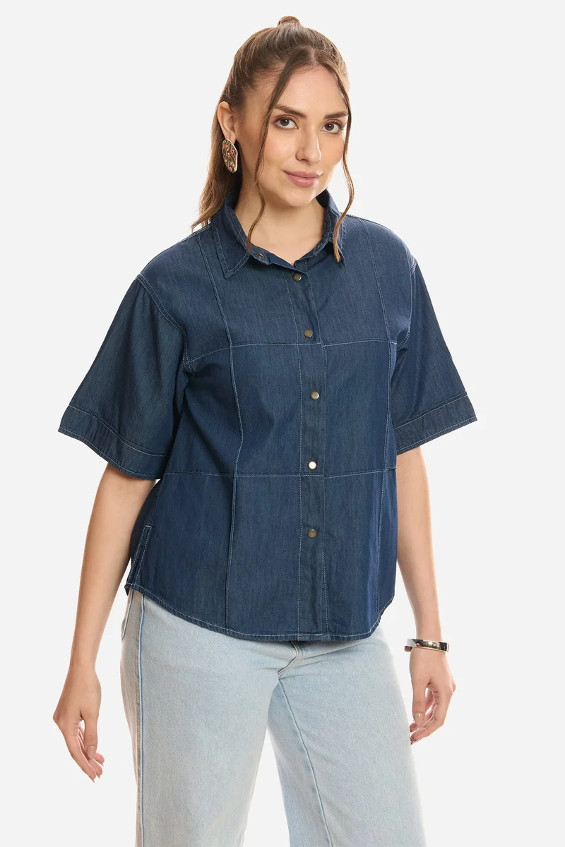 Virgio  Solid Cotton Pintuck Detail Denim Shirt for Women for Women | Best Price UAE