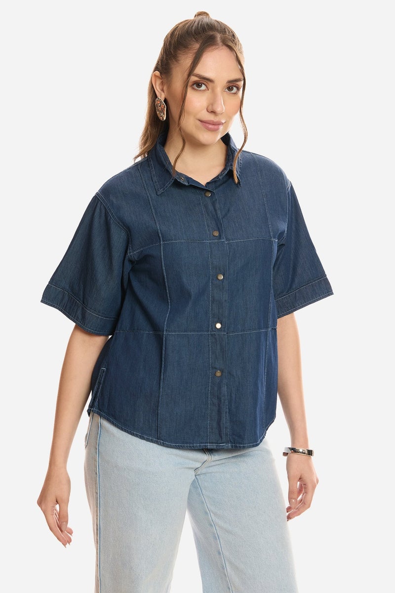 Virgio Solid Cotton Pintuck Detail Denim Shirt for Women - Image 4