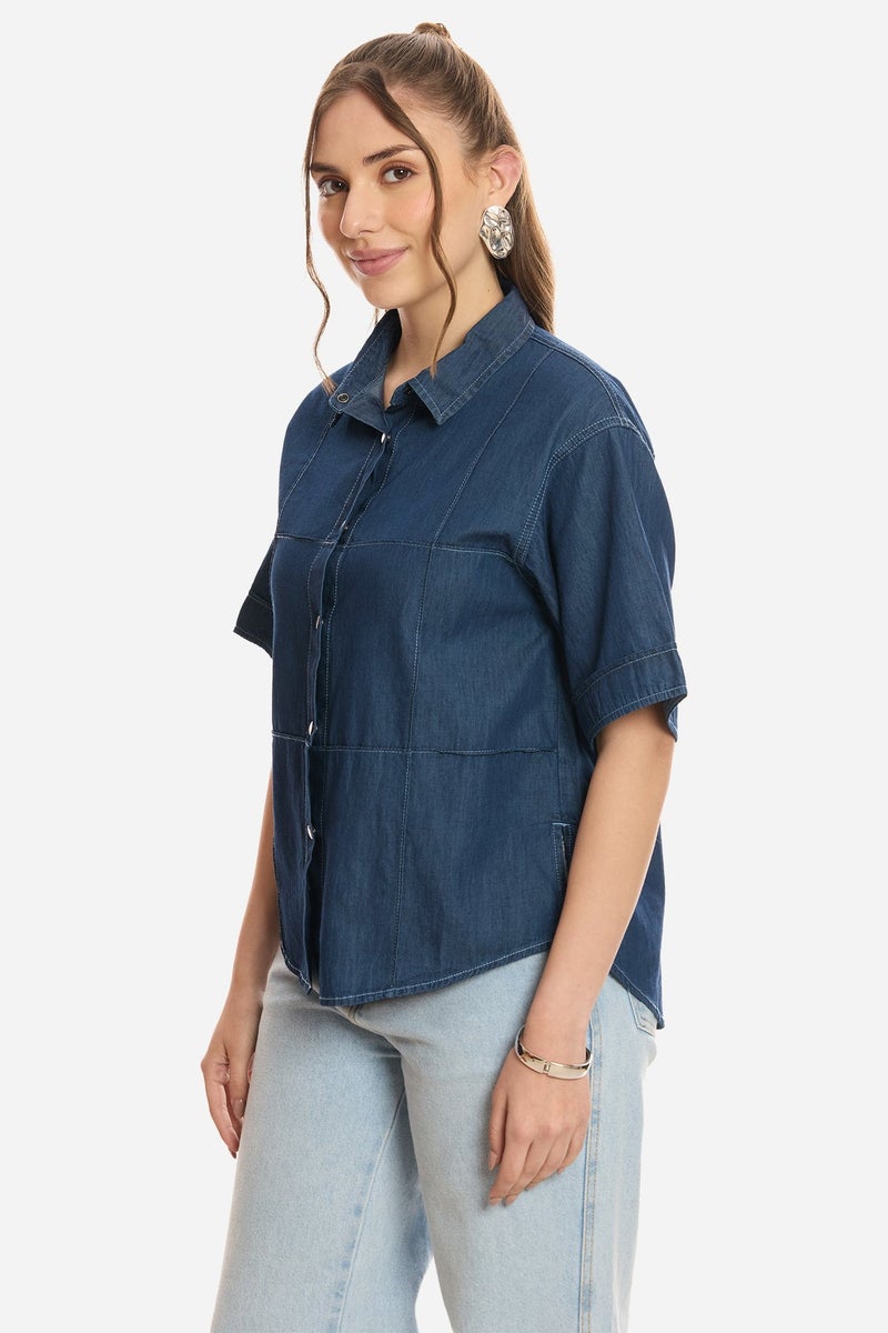 Virgio Solid Cotton Pintuck Detail Denim Shirt for Women - Image 3