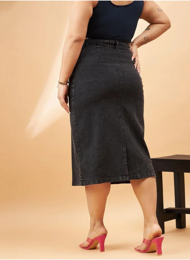SASSAFRAS Plus High Rise Denim Skirt with Belt Loops by Styli