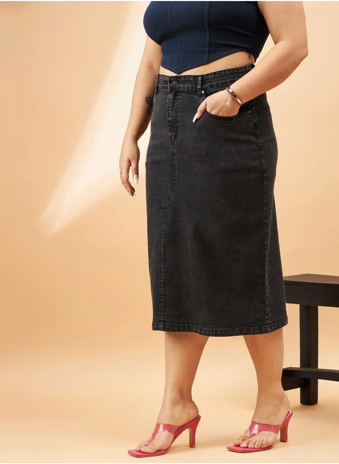 SASSAFRAS Plus High Rise Denim Skirt with Belt Loops by Styli