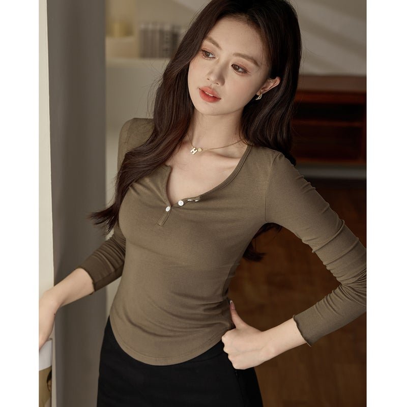 # High-Quality Products # Modal Cotton Button Half Open Collar T-Shirt Women'S Long-Sleeved 2025 Autum New Inner Layering Shirt - Image 1