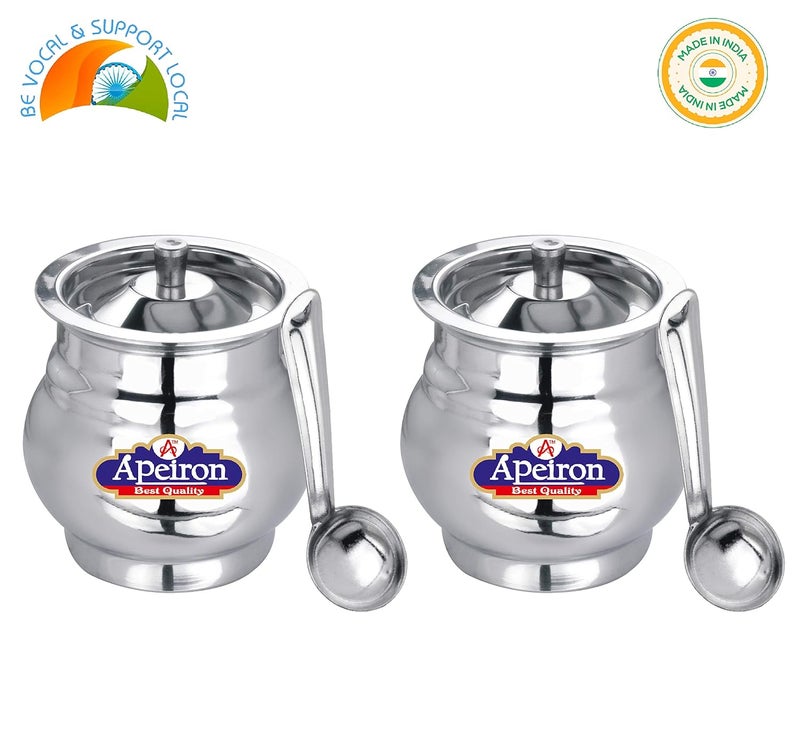 Apeiron Stainless Steel GheeOil Pot with Spoon and Lid 300 ml Pack of 2 Lota Shape - Image 5