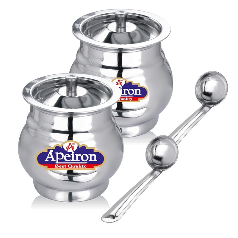 Apeiron Stainless Steel GheeOil Pot with Spoon and Lid 300 ml Pack of 2 Lota Shape - Image 1