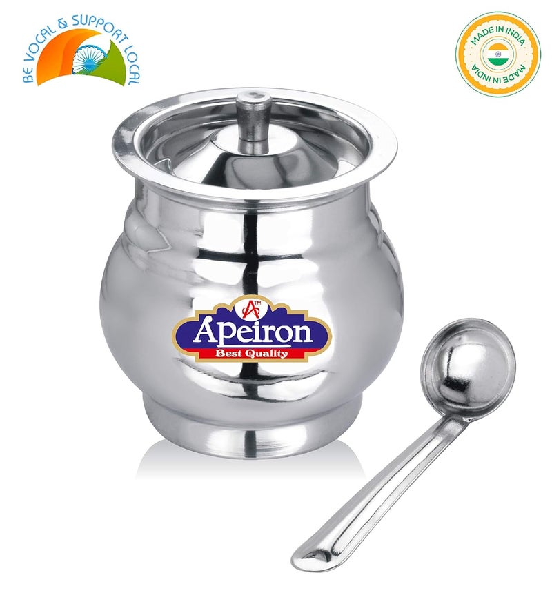 Apeiron Stainless Steel GheeOil Pot with Spoon and Lid 300 ml Pack of 2 Lota Shape - Image 3