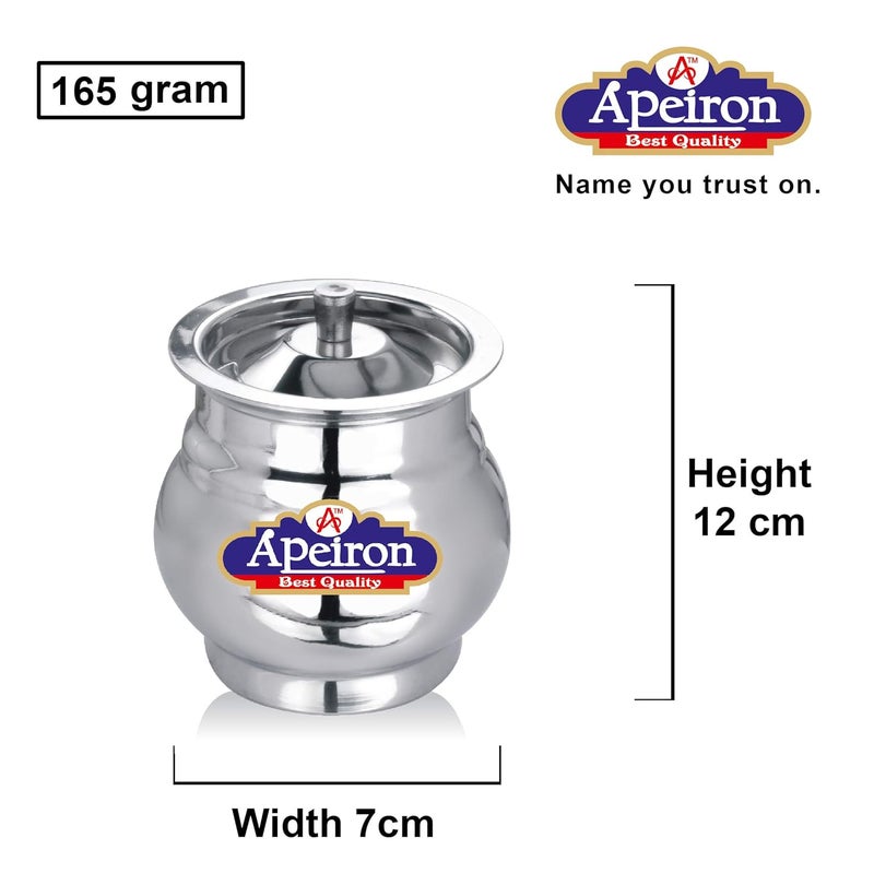 Apeiron Stainless Steel GheeOil Pot with Spoon and Lid 300 ml Pack of 2 Lota Shape - Image 2