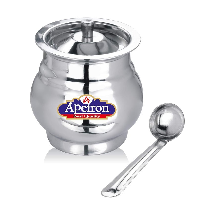 Apeiron Stainless Steel GheeOil Pot with Spoon and Lid 300 ml Pack of 2 Lota Shape - Image 4