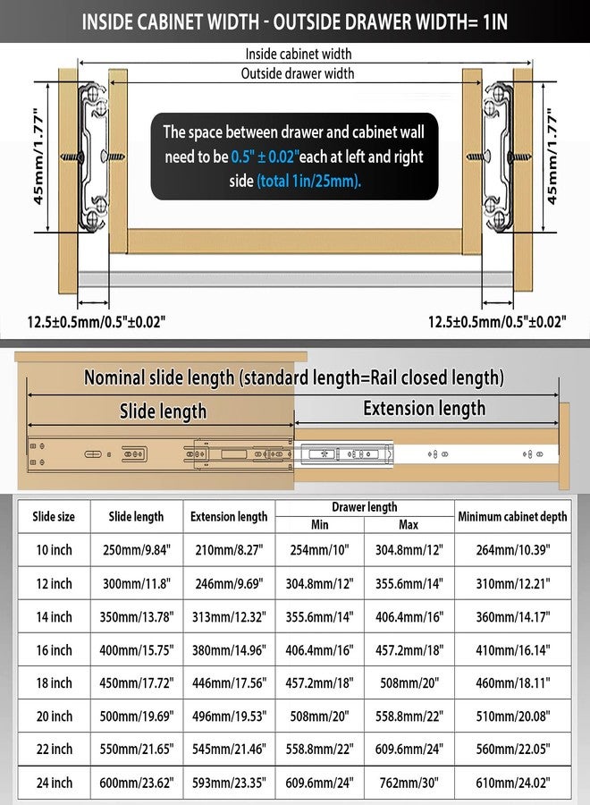 YENUO Soft Close Drawer Slides Full Extension Side Mount 12 14 16 18 20 22 24 inch Ball Bearing Metal Rails Track Guide Glides Runners Heavy Duty 100 Pound (Soft Close -1 Pair, 12 Inch) - Image 2