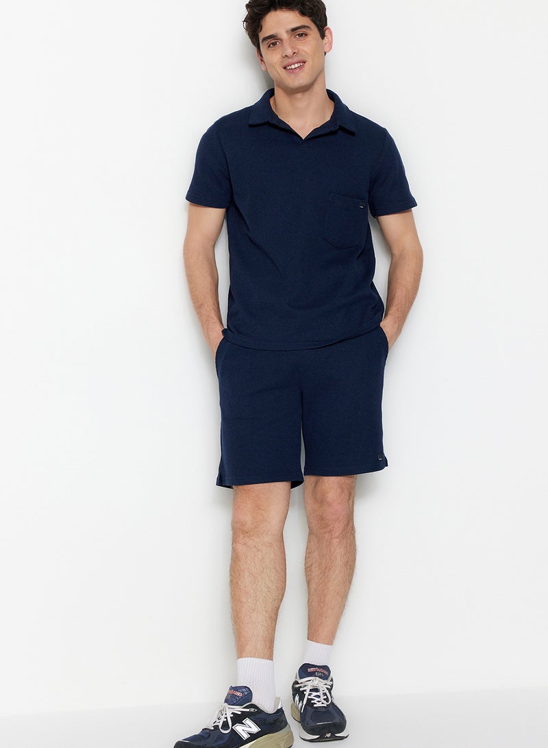 trendyol Navy Blue Regular/Normal Cut Textured Fabric Label Polo Neck Tracksuit Set Tmnss23Em00003 - Image 2