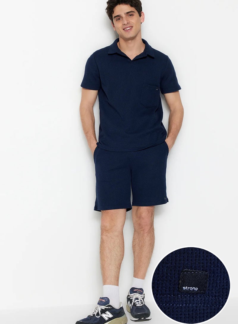 trendyol Navy Blue Regular/Normal Cut Textured Fabric Label Polo Neck Tracksuit Set Tmnss23Em00003 - Image 1