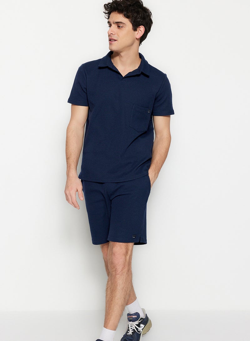 trendyol Navy Blue Regular/Normal Cut Textured Fabric Label Polo Neck Tracksuit Set Tmnss23Em00003 - Image 3