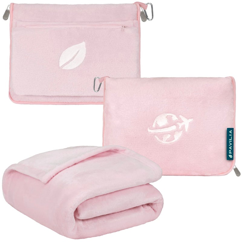 PAVILIA PAVILIA Travel Blanket and Pillow Arms Opening Airplane Blankets for Adults Compact Plane Blanket with Arm Hole 2in1 Bag for Flight Car Camping Fit in Luggage Backpack Traveler Gift Pink 
