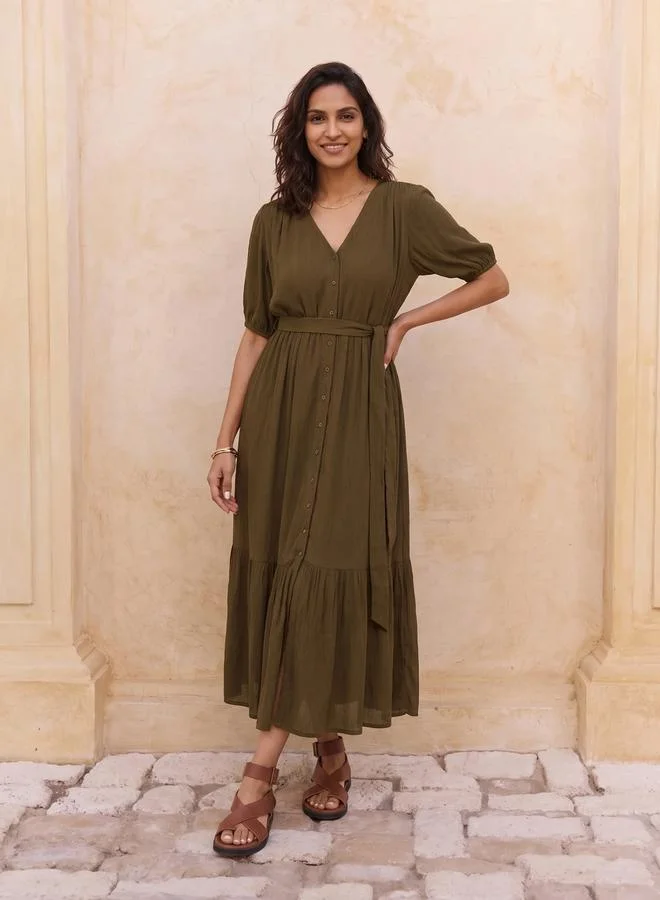 Femmella Women Olive Crinkled V-Neck Maxi Dress