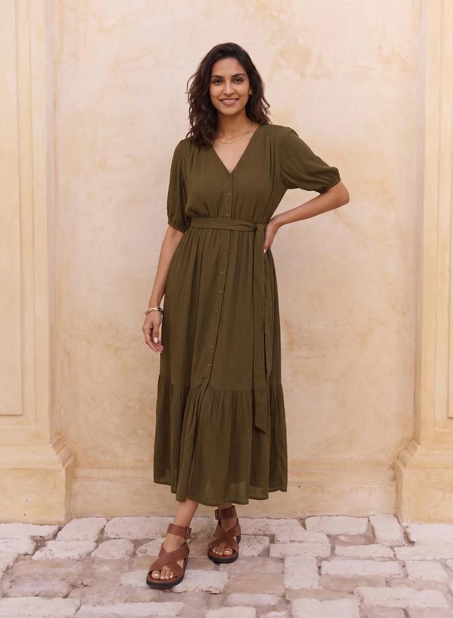 Femmella Women Olive Crinkled V-Neck Maxi Dress - Image 1