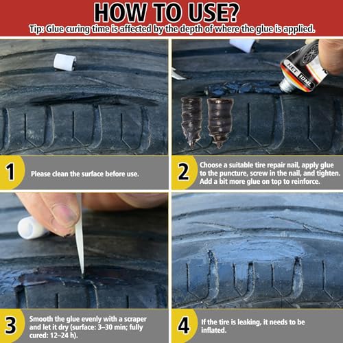 Melanther Tire Repair Glue Kit – 2 Pack 10ml Rubber Cement Tire Repair, Tire Plug Glue with 8 Tire Nails (Small & Large), Tire Patch Glue for Car, Motorcycle, Bike, Truck, Tractor, with Scraper Tools - Image 3