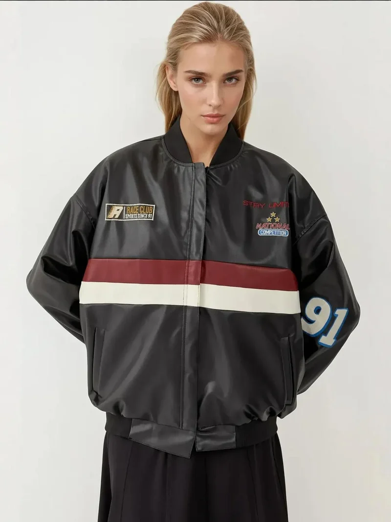 بيغ دارت BDART Fitted Crop Faux Leather Bomber Jacket with Bow