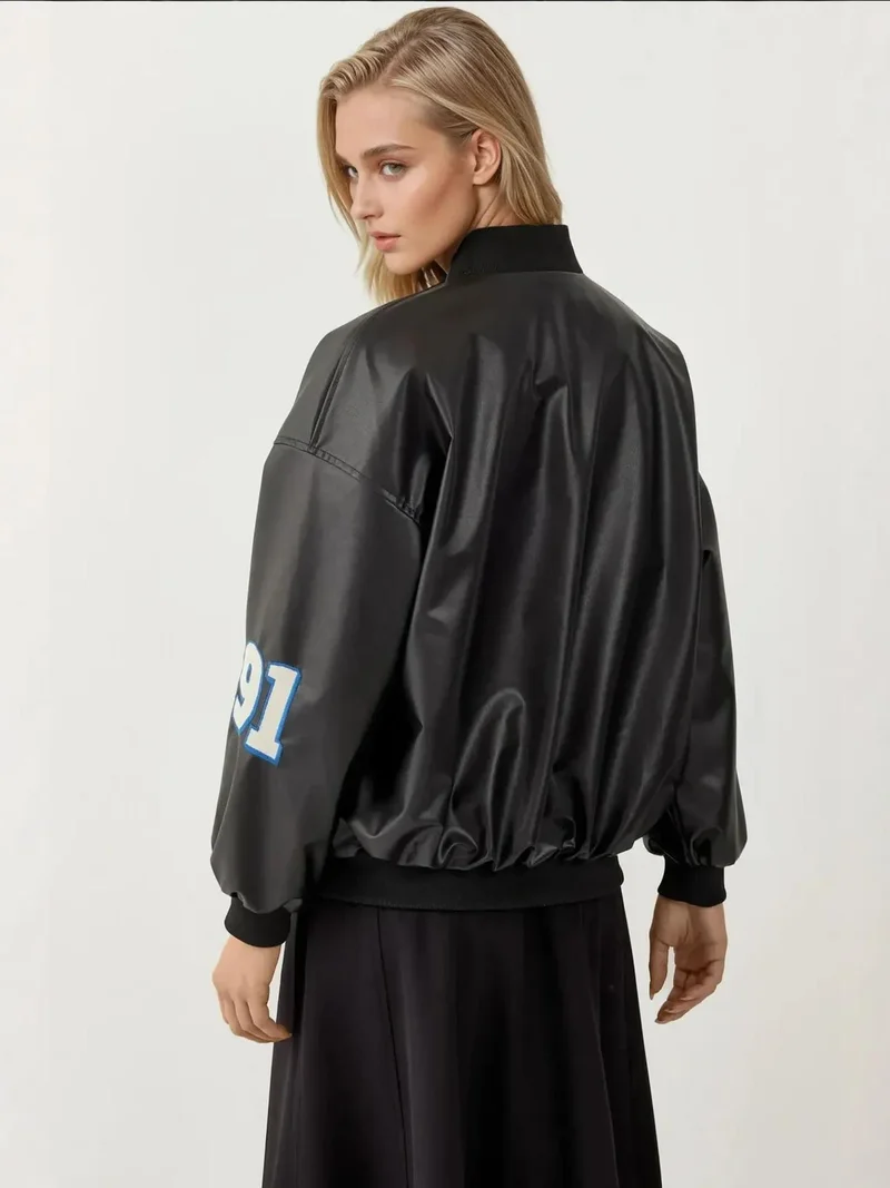 بيغ دارت BDART Fitted Crop Faux Leather Bomber Jacket with Bow