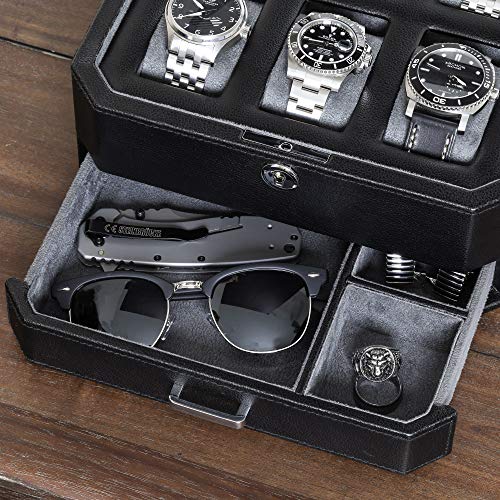 ROTHWELL 6 Slot Leather Watch Box with Valet Drawer - Luxury Watch Case Display Organizer, Microsuede Liner, Locking Mens Jewelry Watches Holder, Men's Storage Boxes With Large Glass Top (Black/Grey) - Image 5