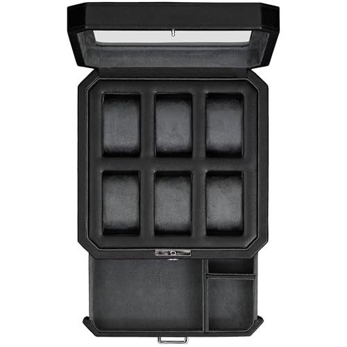 ROTHWELL 6 Slot Leather Watch Box with Valet Drawer - Luxury Watch Case Display Organizer, Microsuede Liner, Locking Mens Jewelry Watches Holder, Men's Storage Boxes With Large Glass Top (Black/Grey) - Image 1