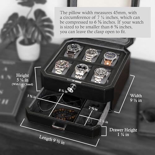 ROTHWELL 6 Slot Leather Watch Box with Valet Drawer - Luxury Watch Case Display Organizer, Microsuede Liner, Locking Mens Jewelry Watches Holder, Men's Storage Boxes With Large Glass Top (Black/Grey) - Image 2