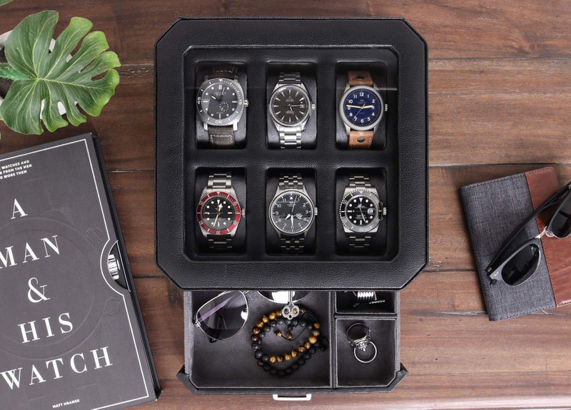 ROTHWELL 6 Slot Leather Watch Box with Valet Drawer - Luxury Watch Case Display Organizer, Microsuede Liner, Locking Mens Jewelry Watches Holder, Men's Storage Boxes With Large Glass Top (Black/Grey) - Image 4