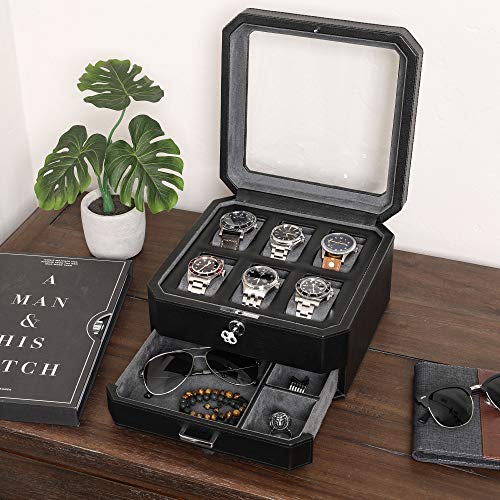 ROTHWELL 6 Slot Leather Watch Box with Valet Drawer - Luxury Watch Case Display Organizer, Microsuede Liner, Locking Mens Jewelry Watches Holder, Men's Storage Boxes With Large Glass Top (Black/Grey) - Image 3