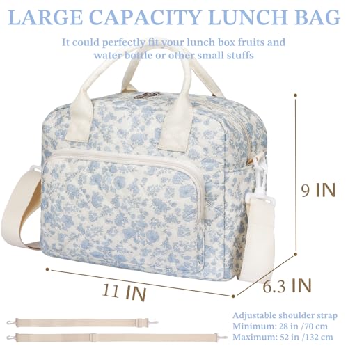 WOBAGMEN Quilted Lunch Box for Women Insulated Lunch Bag for AdultCute Lunch Tote Bags for Work Picnic Travel Blue FloralM - Image 3