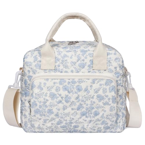WOBAGMEN Quilted Lunch Box for Women Insulated Lunch Bag for AdultCute Lunch Tote Bags for Work Picnic Travel Blue FloralM - Image 1