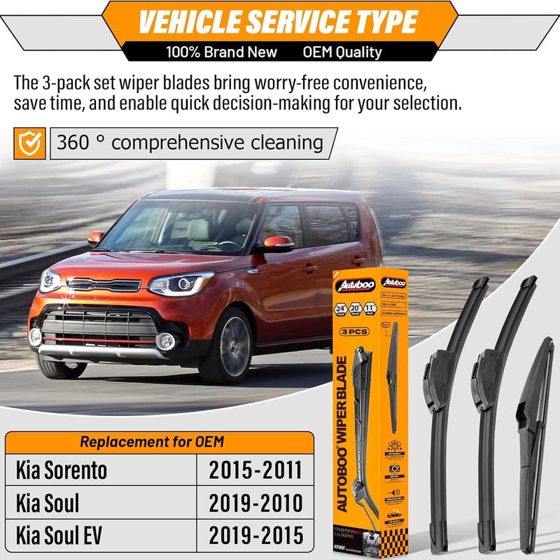 AUTOBOO 24"+20" Windshield Wipers with 11" Rear Wiper Blade Replacement for Kia Sorento 2011 2012 2013 2014 2015, 2010-2019 Kia Soul Soul EV-Original Factory Quality (Pack of 3) - Image 2